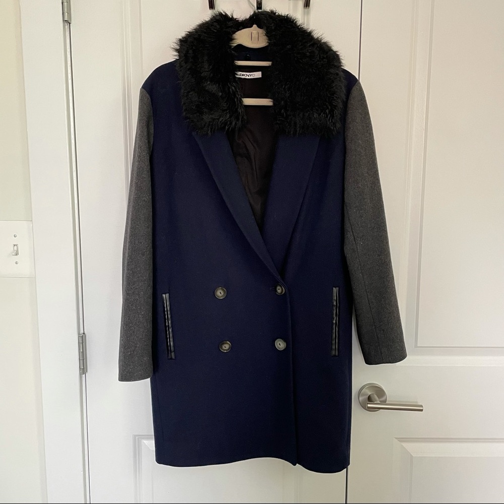 DKNY wool coat with faux fur collar